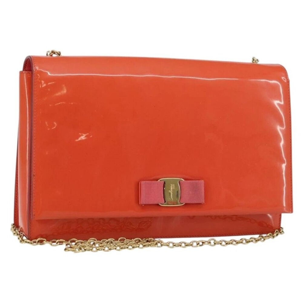 Salvatore Ferragamo Chain Vala Shoulder Bag Enamel Orange Gold